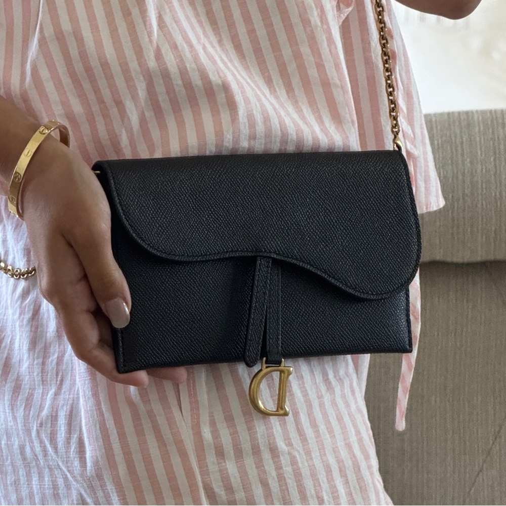 Like New Dior Saddle Black Leather bag pouch with chain WOC